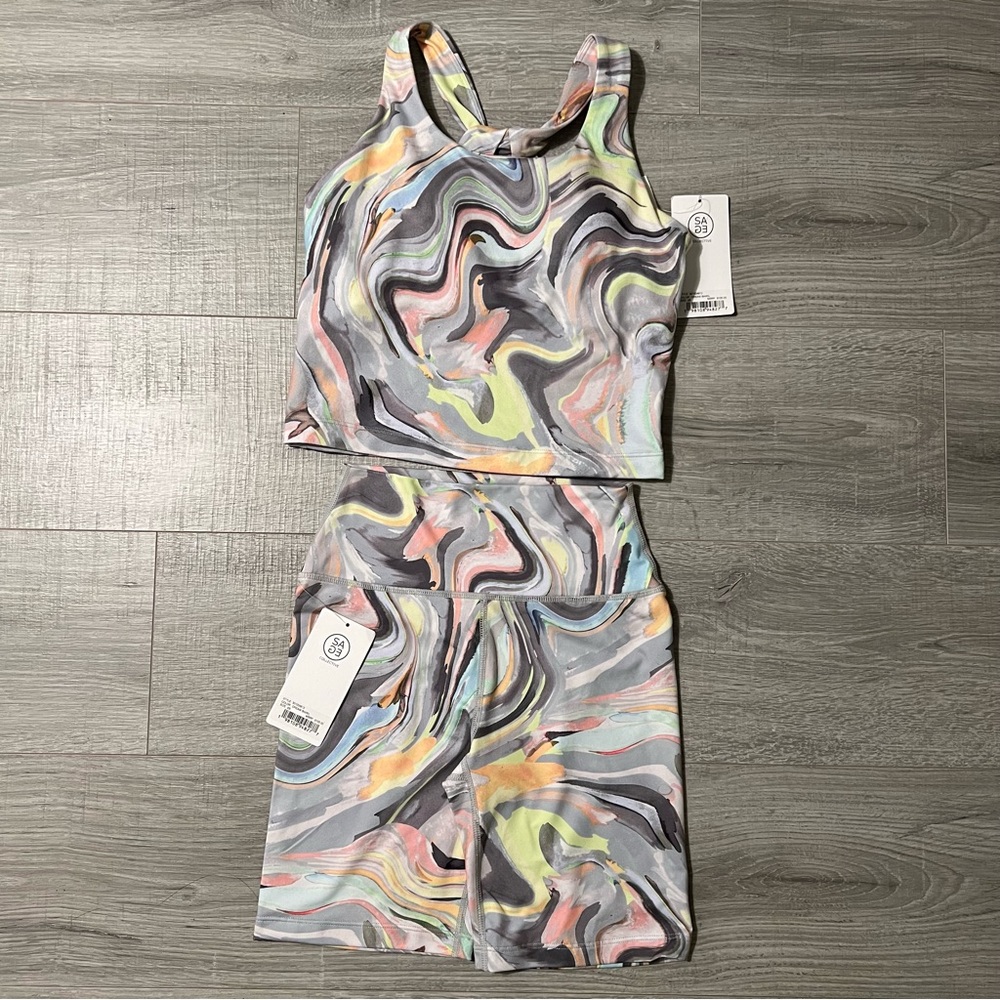 Sage Collective Set Blue Longline Sports Bra and Biker Shorts Size XS NWT
